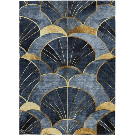 Navy Blue And Gold Floral Washable Indoor Outdoor Area Rug Photo 4