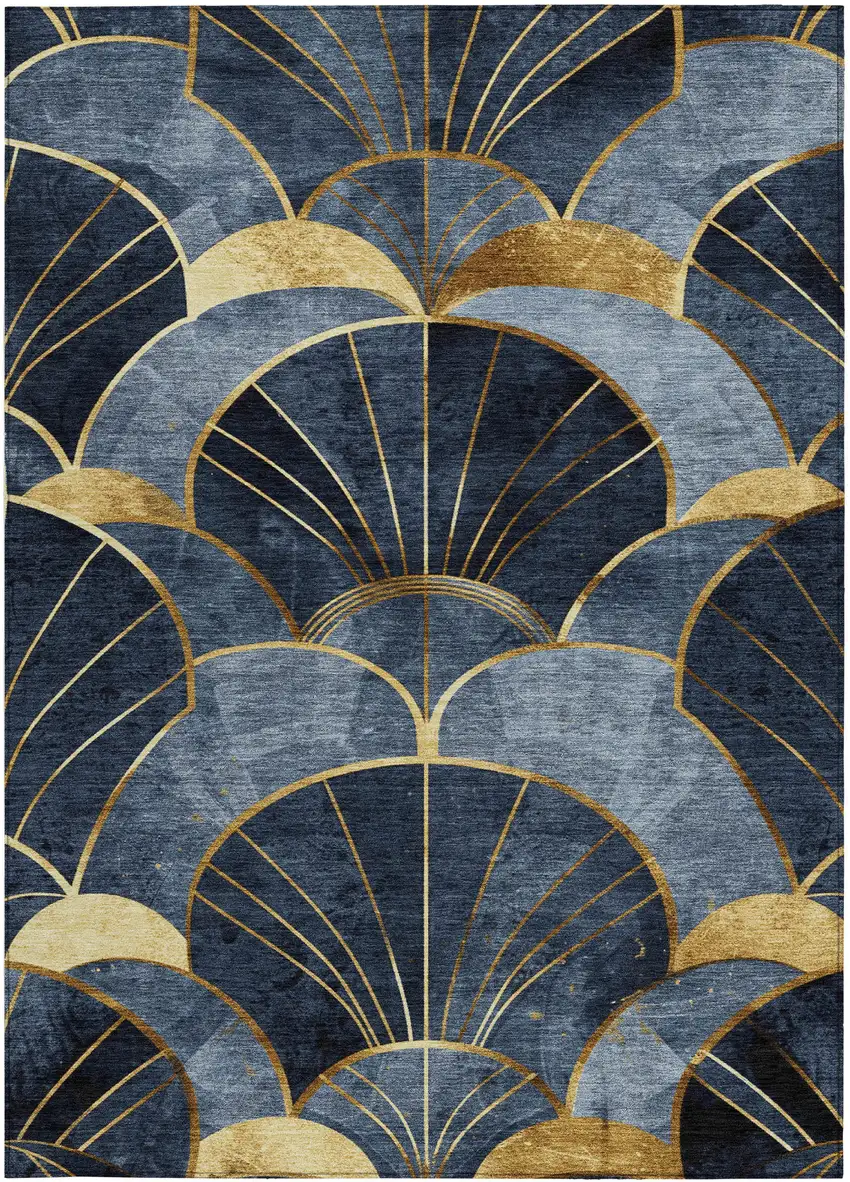 Navy Blue And Gold Floral Washable Indoor Outdoor Area Rug Photo 4