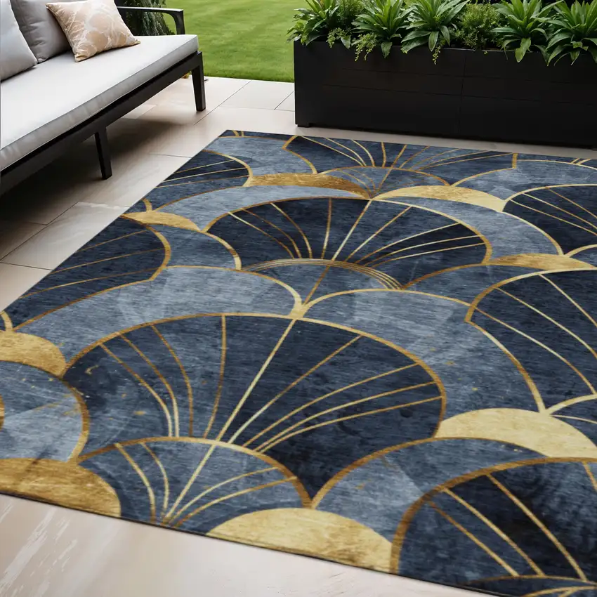 Navy Blue And Gold Floral Washable Indoor Outdoor Area Rug Photo 2