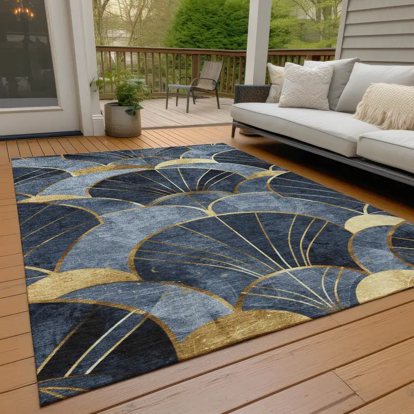 Navy Blue And Gold Floral Washable Indoor Outdoor Area Rug Photo 9