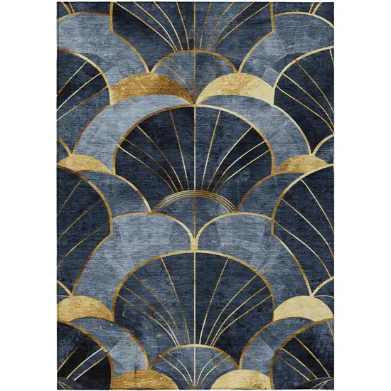 Navy Blue And Gold Floral Washable Indoor Outdoor Area Rug Photo 1