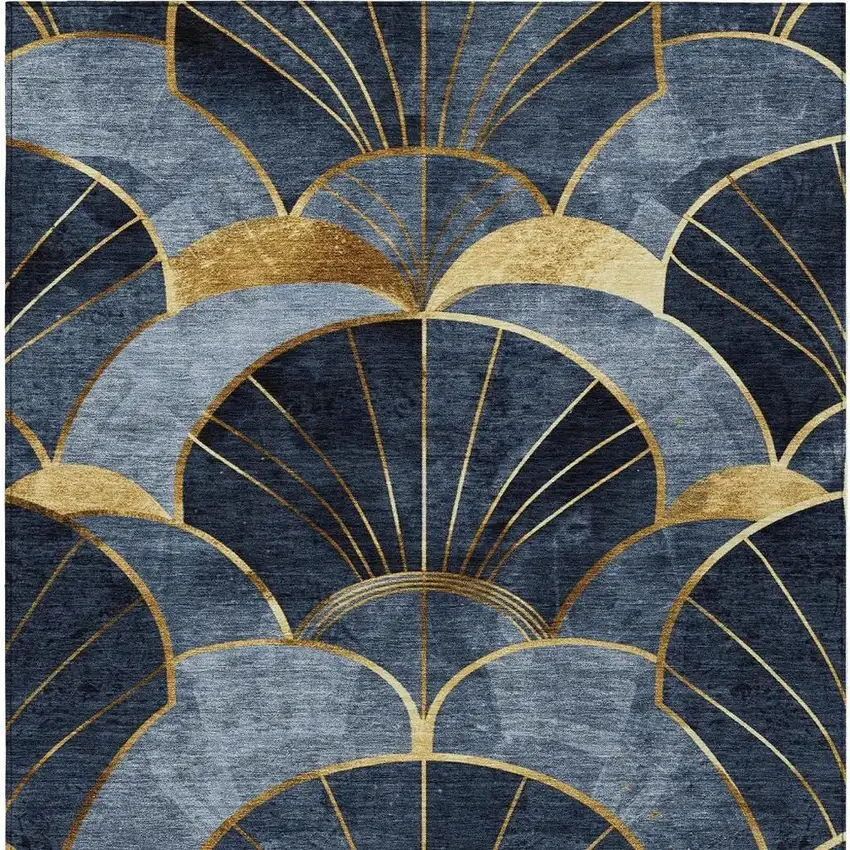 Navy Blue And Gold Floral Washable Indoor Outdoor Area Rug Photo 5