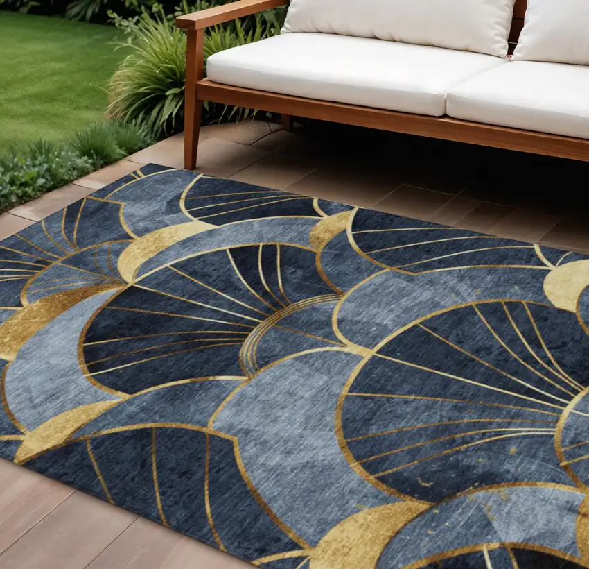 Navy Blue And Gold Floral Washable Indoor Outdoor Area Rug Photo 2