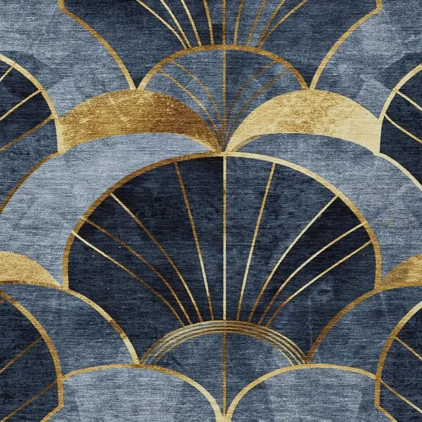 Navy Blue And Gold Floral Washable Indoor Outdoor Area Rug Photo 6