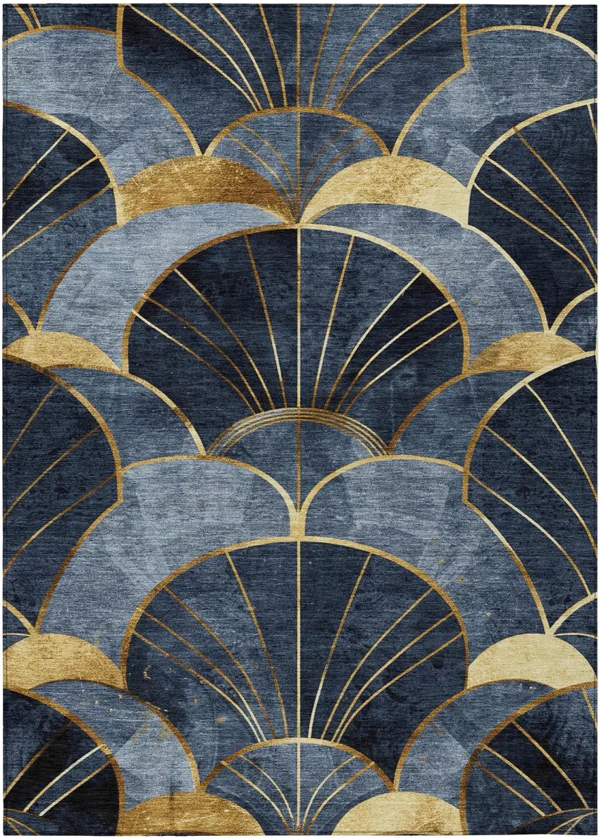 Navy Blue And Gold Floral Washable Indoor Outdoor Area Rug Photo 3