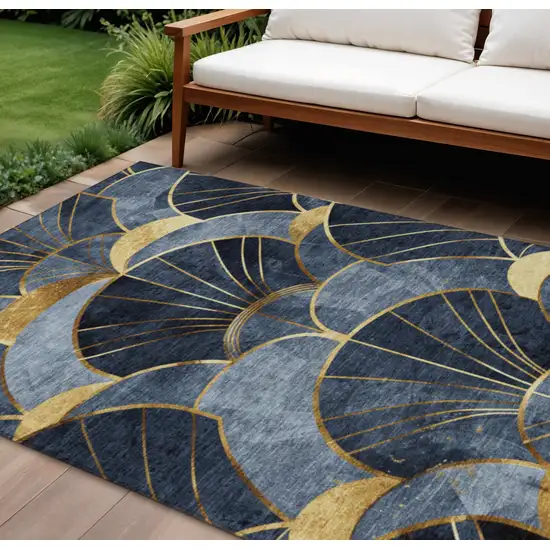 Navy Blue And Gold Floral Washable Indoor Outdoor Area Rug Photo 2