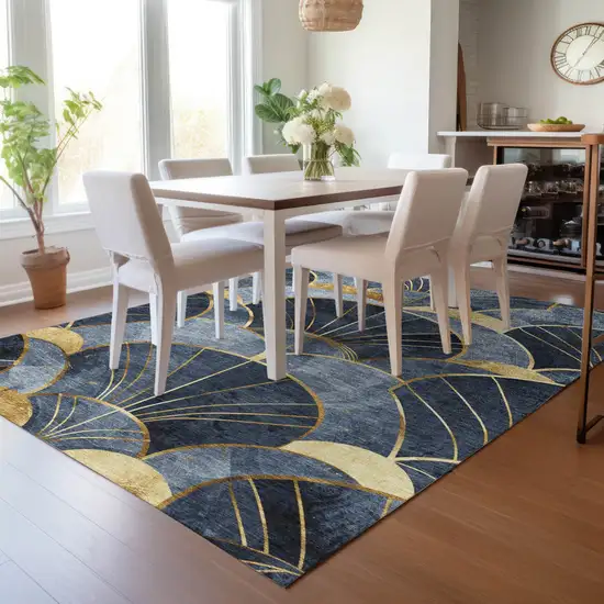 Navy Blue And Gold Floral Washable Indoor Outdoor Area Rug Photo 8