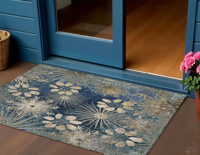 Navy Blue And Gold Floral Washable Indoor Outdoor Area Rug Photo 1
