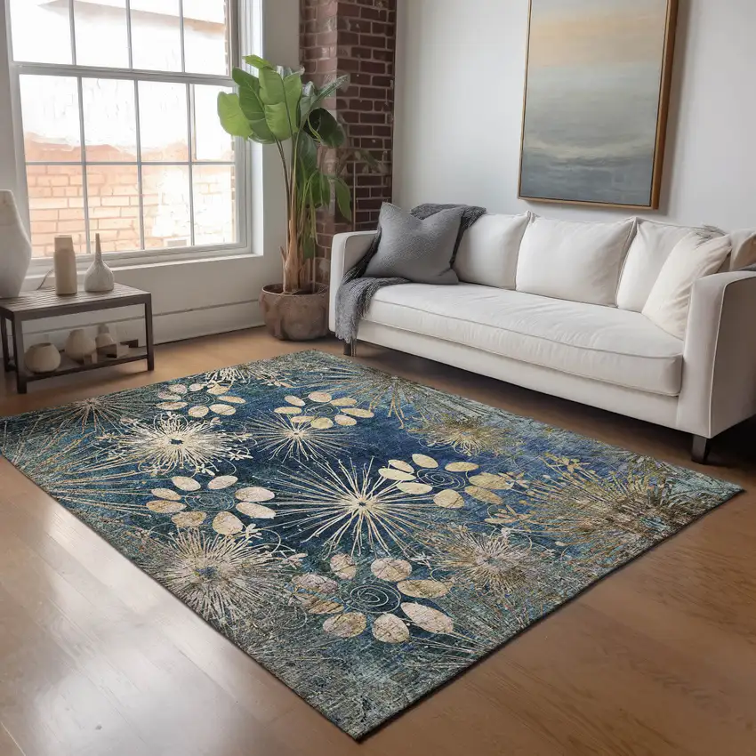 Navy Blue And Gold Floral Washable Indoor Outdoor Area Rug Photo 9
