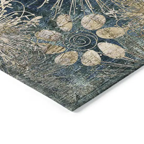 Navy Blue And Gold Floral Washable Indoor Outdoor Area Rug Photo 5