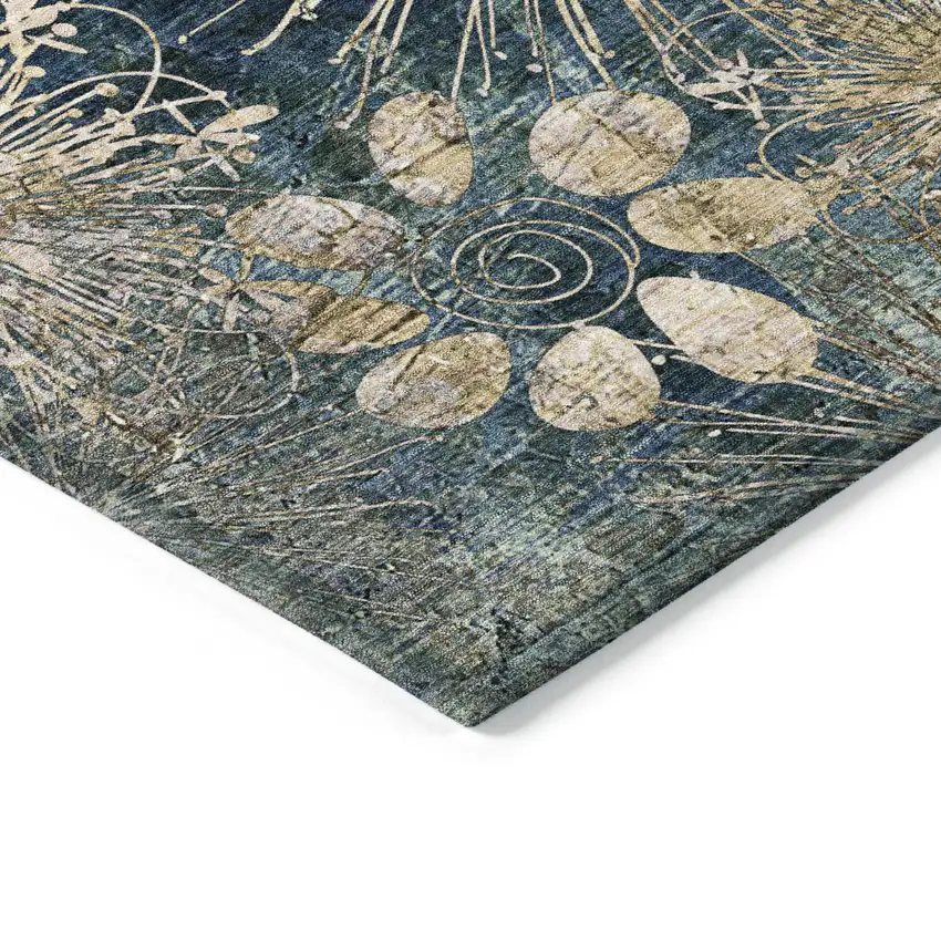 Navy Blue And Gold Floral Washable Indoor Outdoor Area Rug Photo 5