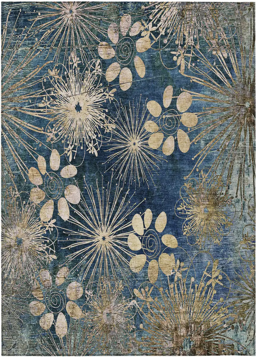 Navy Blue And Gold Floral Washable Indoor Outdoor Area Rug Photo 2