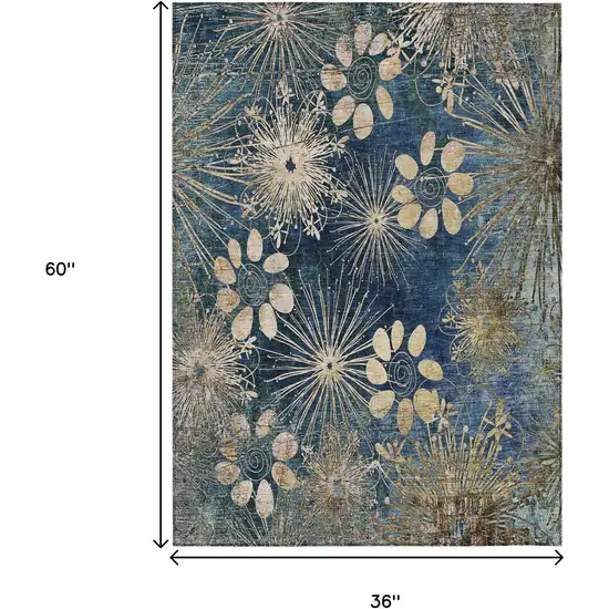 Navy Blue And Gold Floral Washable Indoor Outdoor Area Rug Photo 3