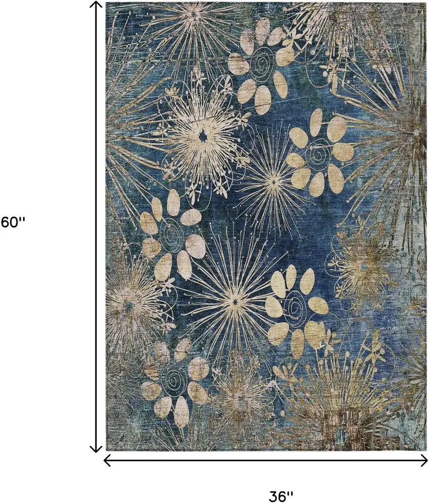 Navy Blue And Gold Floral Washable Indoor Outdoor Area Rug Photo 3