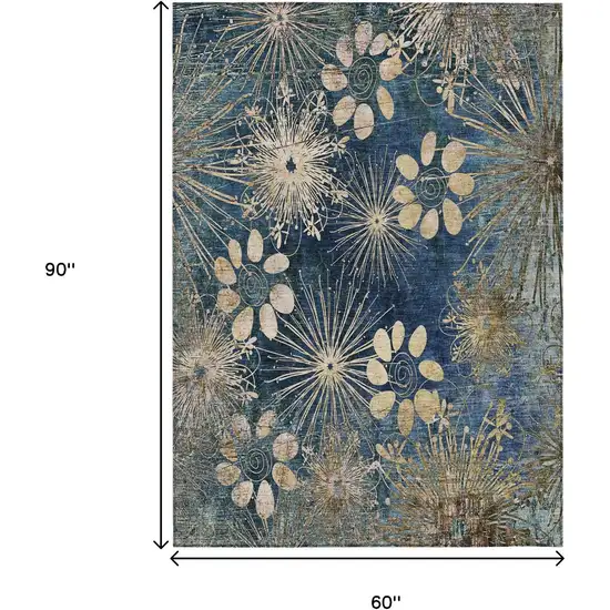 Navy Blue And Gold Floral Washable Indoor Outdoor Area Rug Photo 3