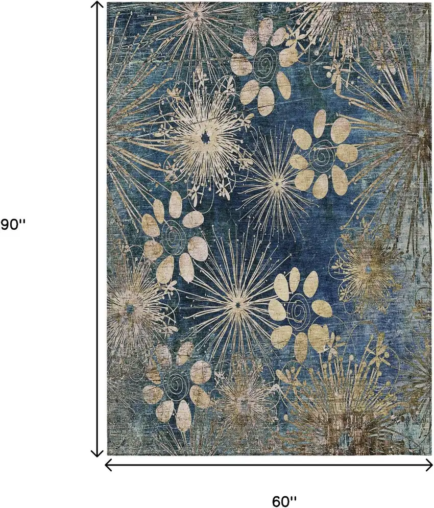 Navy Blue And Gold Floral Washable Indoor Outdoor Area Rug Photo 3