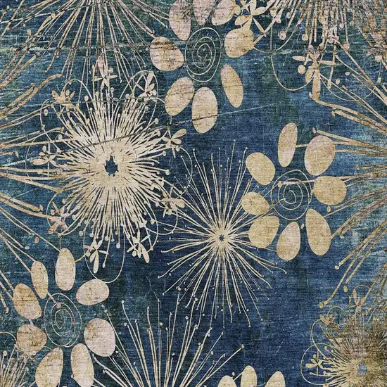 Navy Blue And Gold Floral Washable Indoor Outdoor Area Rug Photo 6