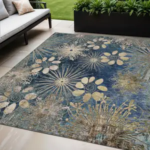 Photo of Navy Blue And Gold Floral Washable Indoor Outdoor Area Rug