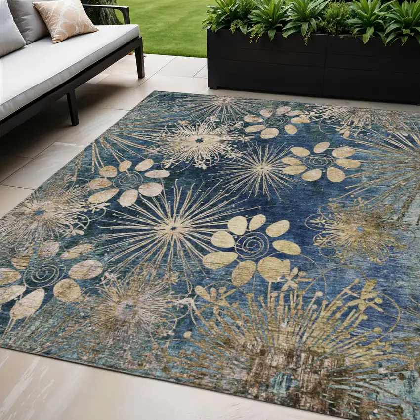 Navy Blue And Gold Floral Washable Indoor Outdoor Area Rug Photo 1