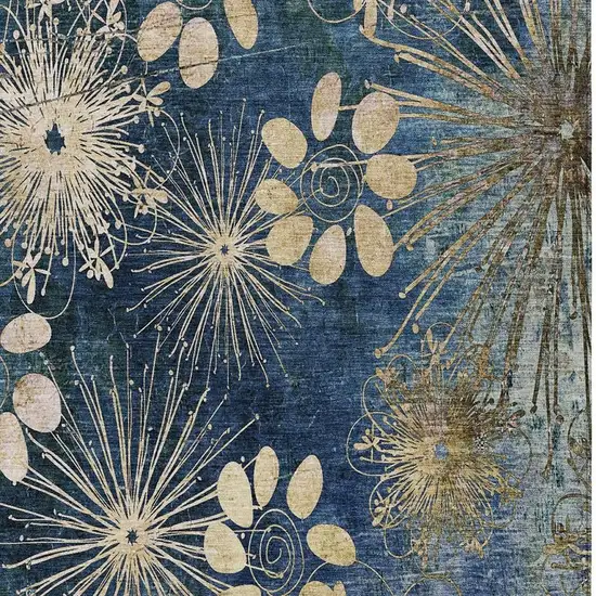 Navy Blue And Gold Floral Washable Indoor Outdoor Area Rug Photo 6