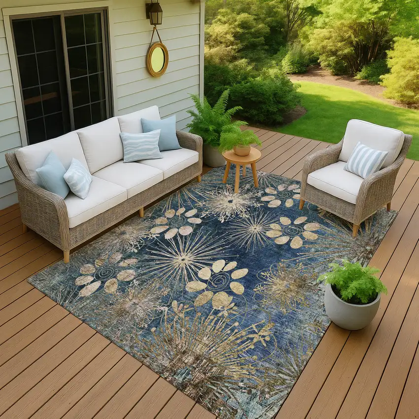 Navy Blue And Gold Floral Washable Indoor Outdoor Area Rug Photo 8