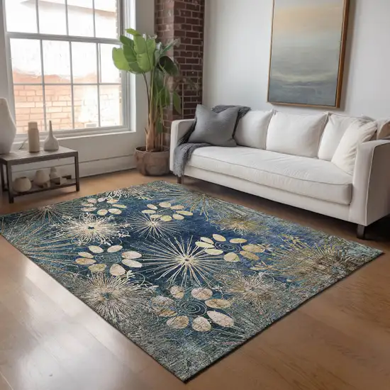 Navy Blue And Gold Floral Washable Indoor Outdoor Area Rug Photo 9