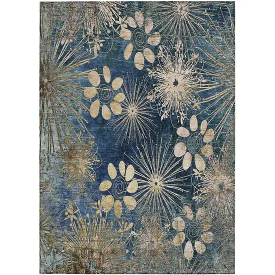 Navy Blue And Gold Floral Washable Indoor Outdoor Area Rug Photo 4