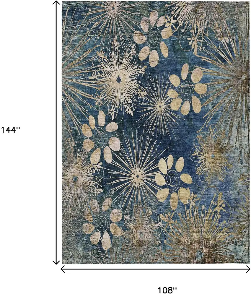 Navy Blue And Gold Floral Washable Indoor Outdoor Area Rug Photo 3