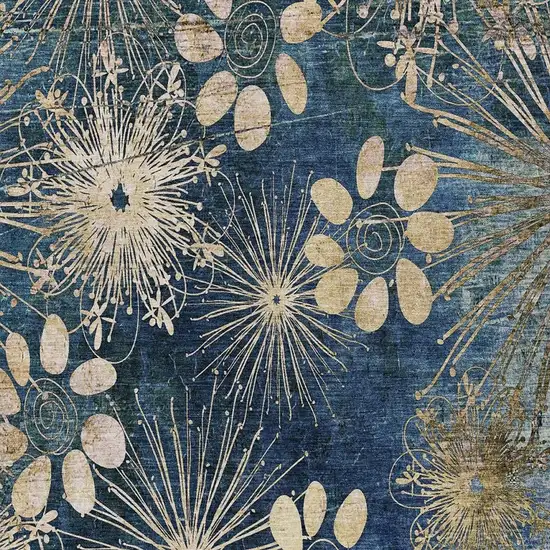 Navy Blue And Gold Floral Washable Indoor Outdoor Area Rug Photo 6