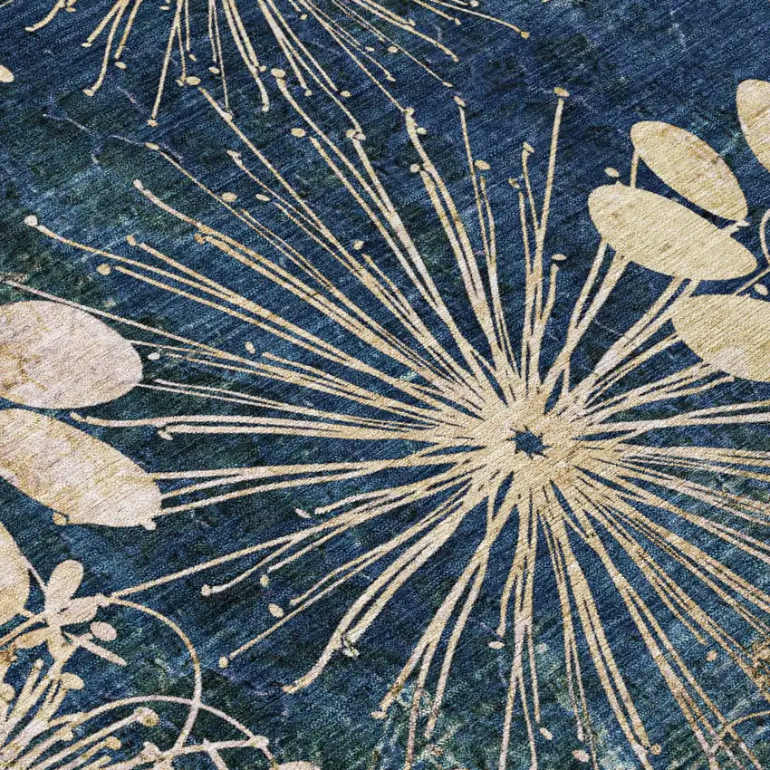 Navy Blue And Gold Floral Washable Indoor Outdoor Area Rug Photo 5