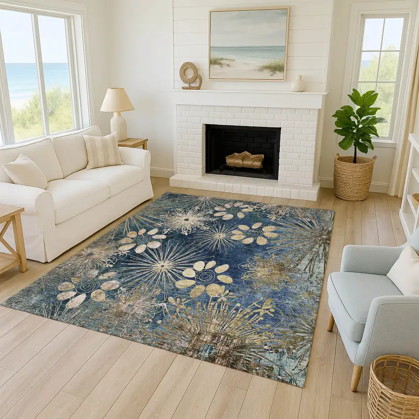 Navy Blue And Gold Floral Washable Indoor Outdoor Area Rug Photo 7