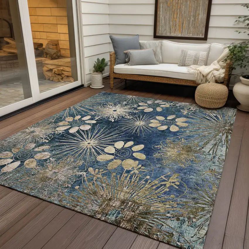 Navy Blue And Gold Floral Washable Indoor Outdoor Area Rug Photo 9