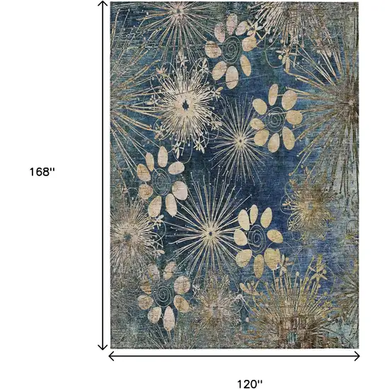 Navy Blue And Gold Floral Washable Indoor Outdoor Area Rug Photo 7