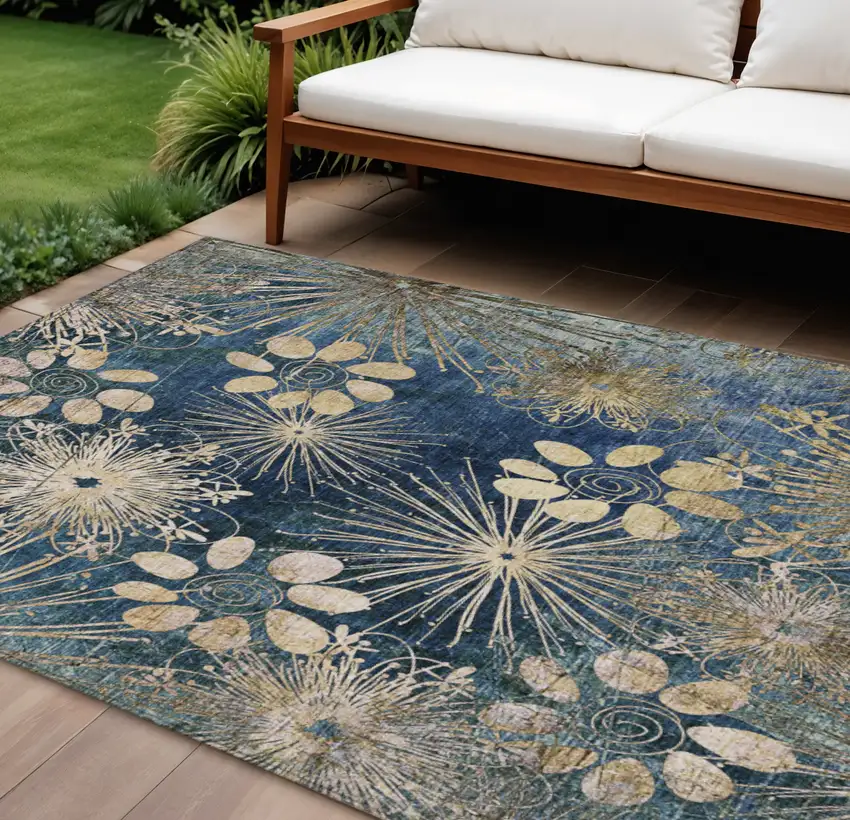 Navy Blue And Gold Floral Washable Indoor Outdoor Area Rug Photo 1