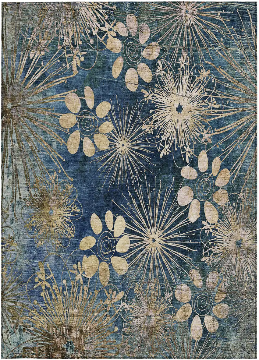 Navy Blue And Gold Floral Washable Indoor Outdoor Area Rug Photo 3