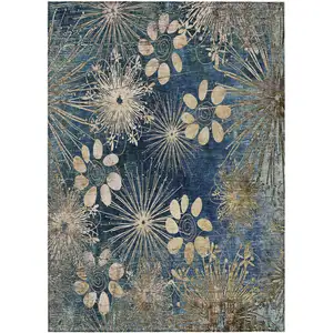 Photo of Navy Blue And Gold Floral Washable Indoor Outdoor Area Rug