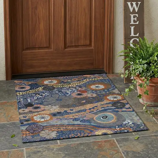 Navy Blue And Gold Floral Washable Indoor Outdoor Area Rug Photo 1