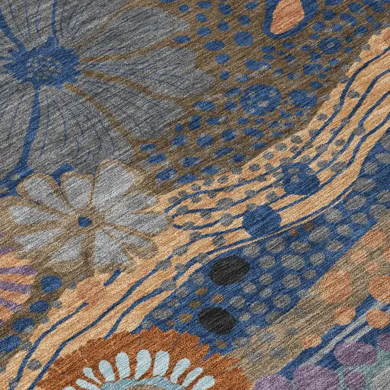 Navy Blue And Gold Floral Washable Indoor Outdoor Area Rug Photo 6