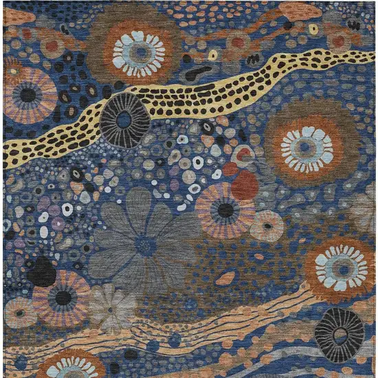 Navy Blue And Gold Floral Washable Indoor Outdoor Area Rug Photo 4