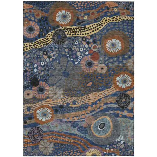 Navy Blue And Gold Floral Washable Indoor Outdoor Area Rug Photo 2