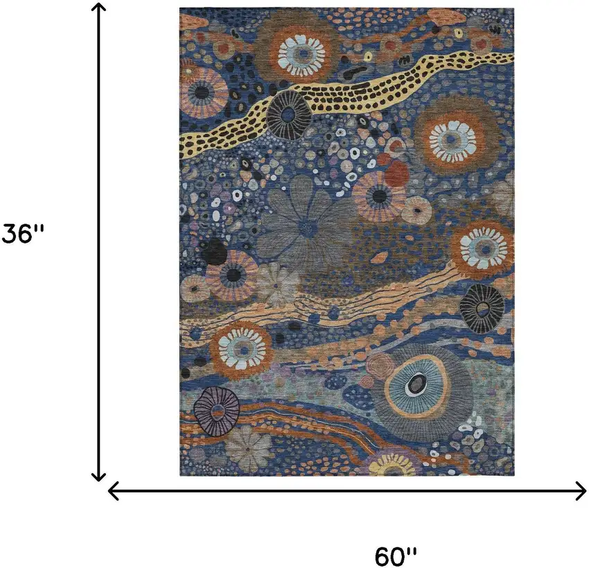 Navy Blue And Gold Floral Washable Indoor Outdoor Area Rug Photo 7