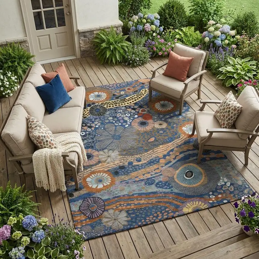 Navy Blue And Gold Floral Washable Indoor Outdoor Area Rug Photo 1