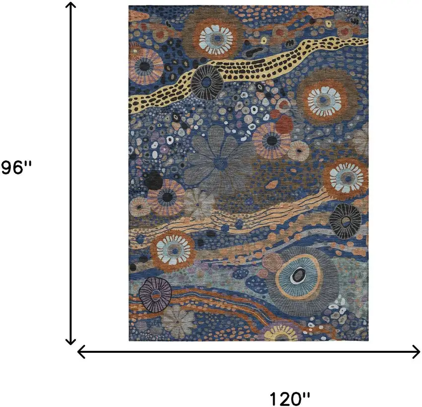 Navy Blue And Gold Floral Washable Indoor Outdoor Area Rug Photo 7