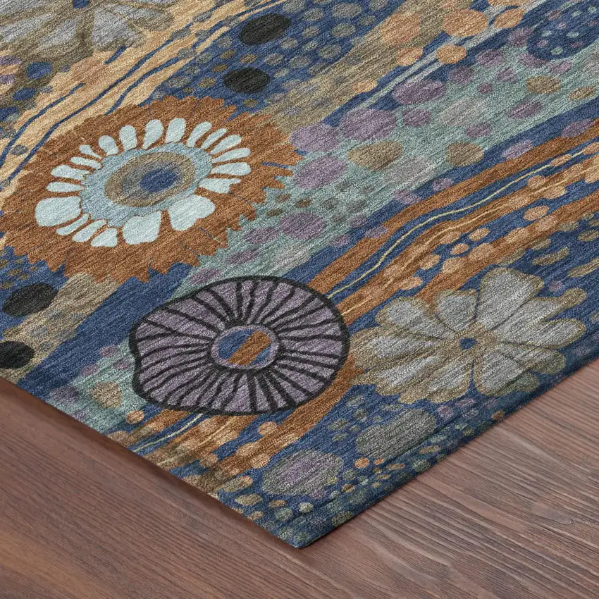 Navy Blue And Gold Floral Washable Indoor Outdoor Area Rug Photo 5