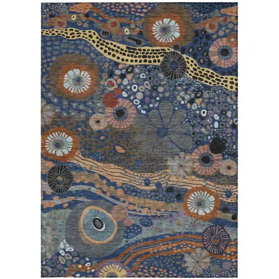 Navy Blue And Gold Floral Washable Indoor Outdoor Area Rug Photo 4