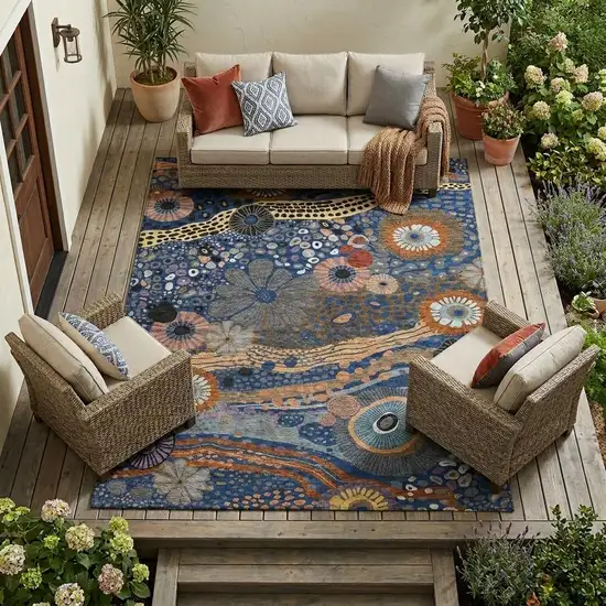 Navy Blue And Gold Floral Washable Indoor Outdoor Area Rug Photo 1