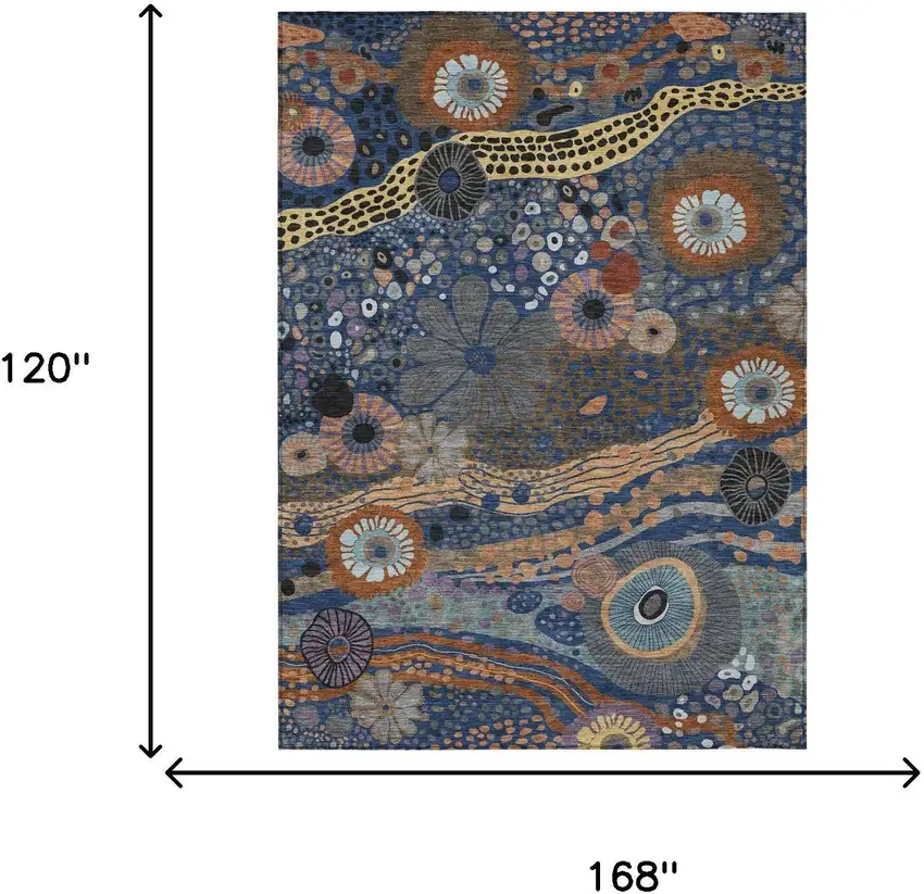 Navy Blue And Gold Floral Washable Indoor Outdoor Area Rug Photo 7
