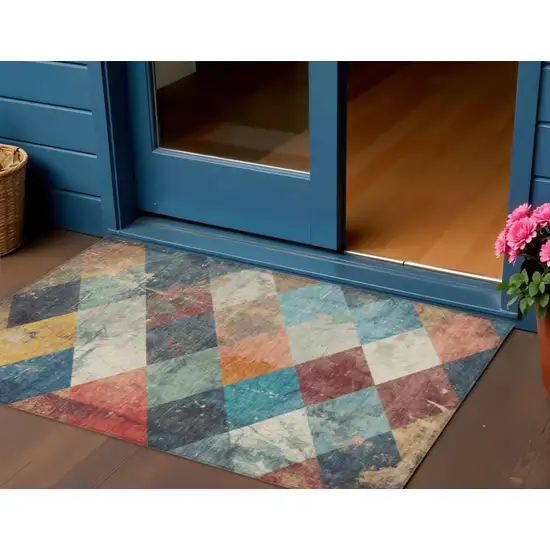 Navy Blue And Gold Geometric Washable Indoor Outdoor Area Rug Photo 2