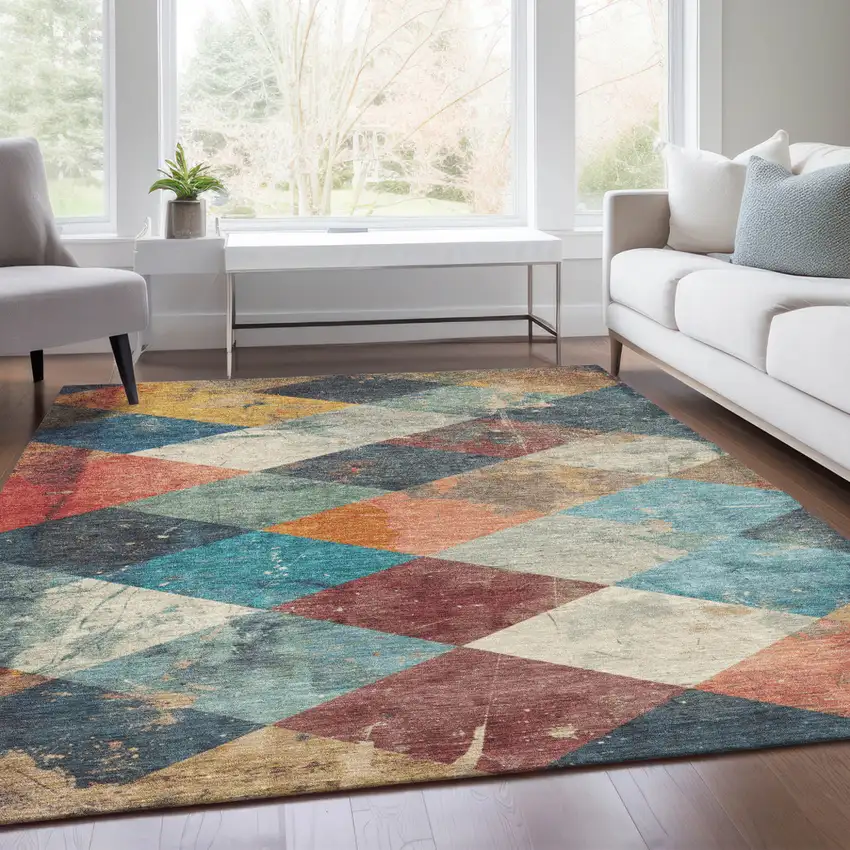 Navy Blue And Gold Geometric Washable Indoor Outdoor Area Rug Photo 5