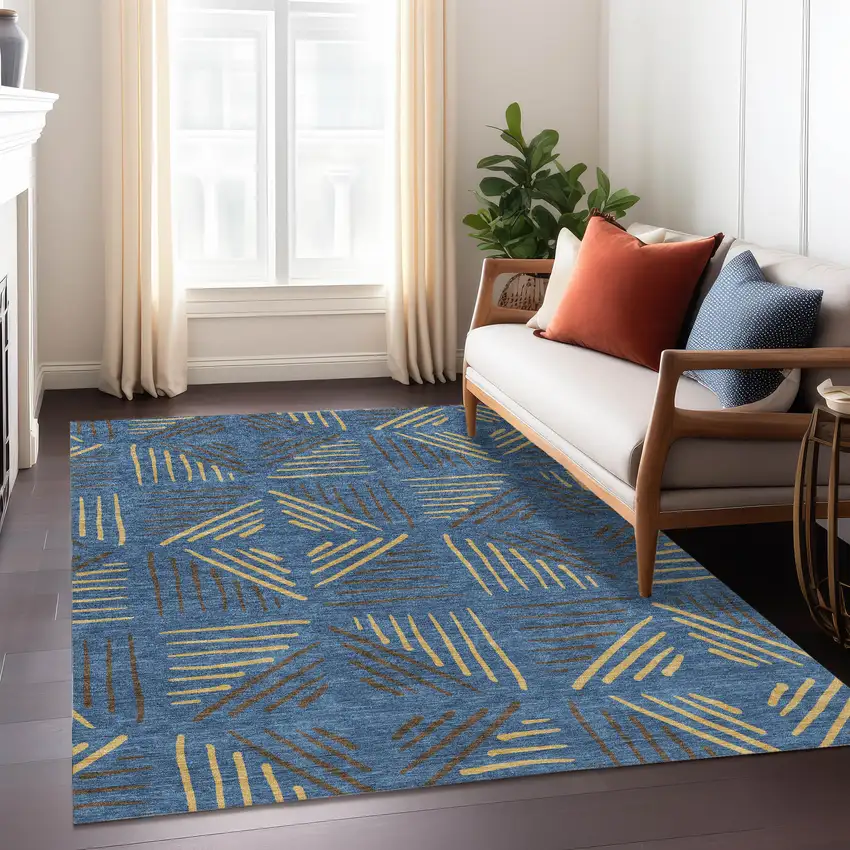 Navy Blue And Gold Geometric Washable Indoor Outdoor Area Rug Photo 6